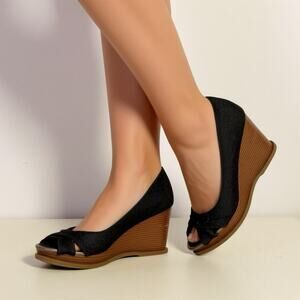 American Eagle Sz 7.5 Open Toe SlipOn Wedge Black Brown High Heels 4” Y2K